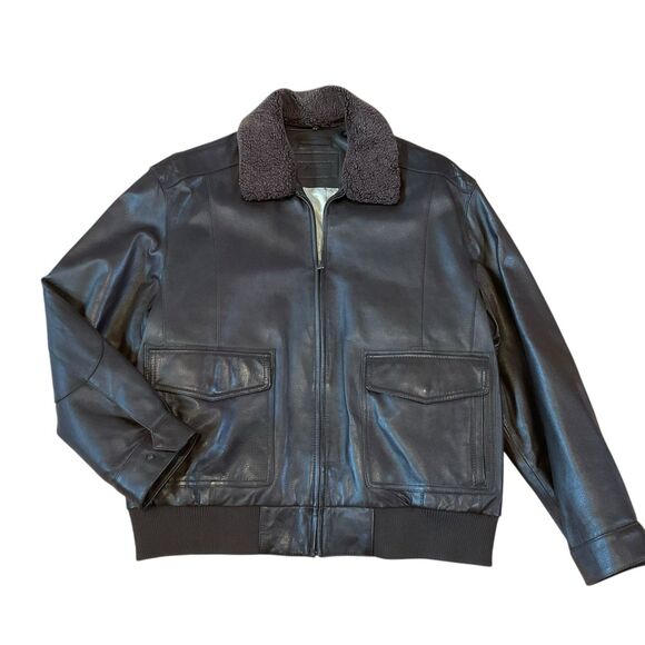 Roundtree & Yorke Lamb Skin Leather Jacket SZ XL Flight Fur Pilot Aviator Brown - Picture 3 of 16